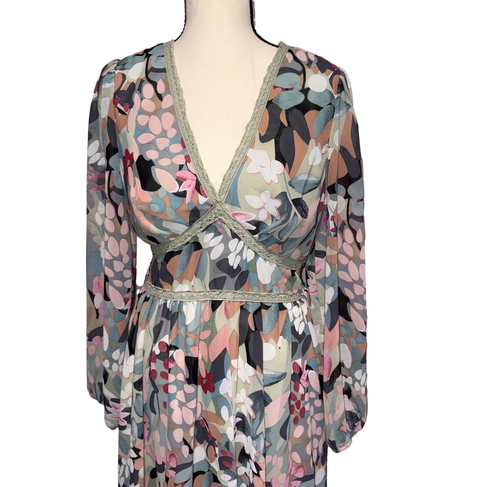 Floral Crochet Trim Tiered Maxi Dress Boho Women Large Multicolor Unbranded